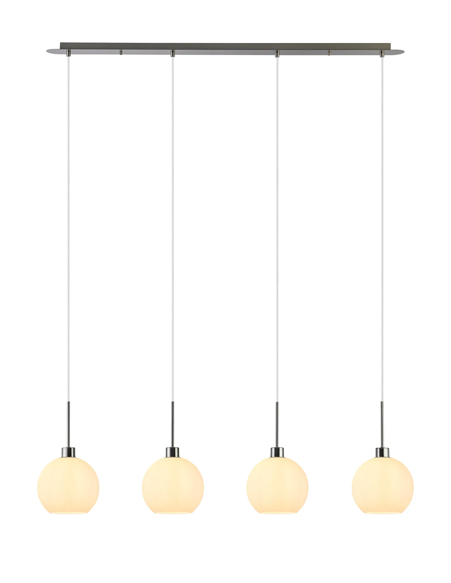 DK1407  Lori Linear Pendant, 4 Light Adjustable E27, Satin Nickel/Opal Open Mouth Round Globe Shades